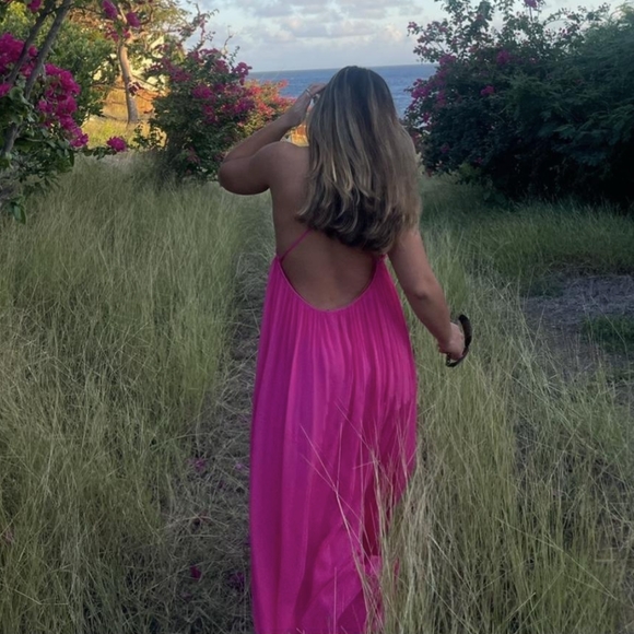 ZARA sz XS LIMITED Fuchsia Pink Voluminous Chiffon Maxi Cutout Open Back Dress - Picture 9 of 16